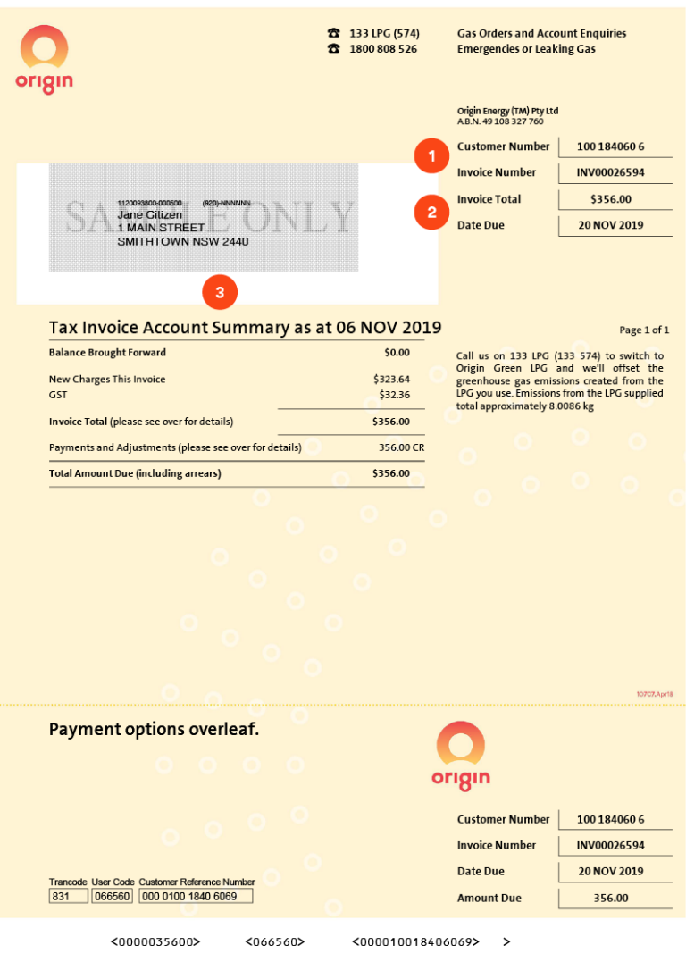Page 1 of Origin bill